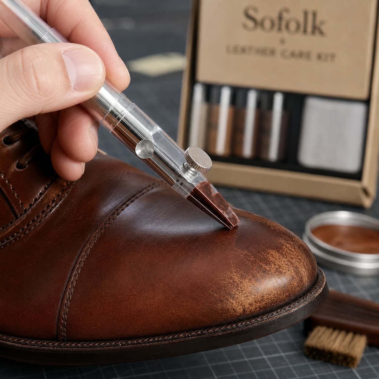 Une main tient un applicateur de teinture Sofolk, l