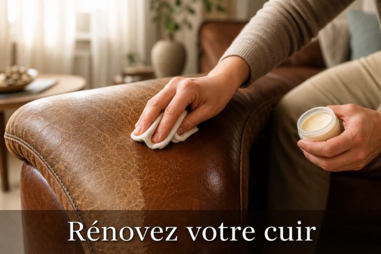 Des mains appliquent un baume de rénovation sur l'accoudoir d'un canapé en cuir, montrant le contraste entre partie restaurée et usée, dans un salon chaleureux avec une lumière du jour tamisée, le texte 'Rénovez votre cuir' affiché en bas sur une bannière sombre.
