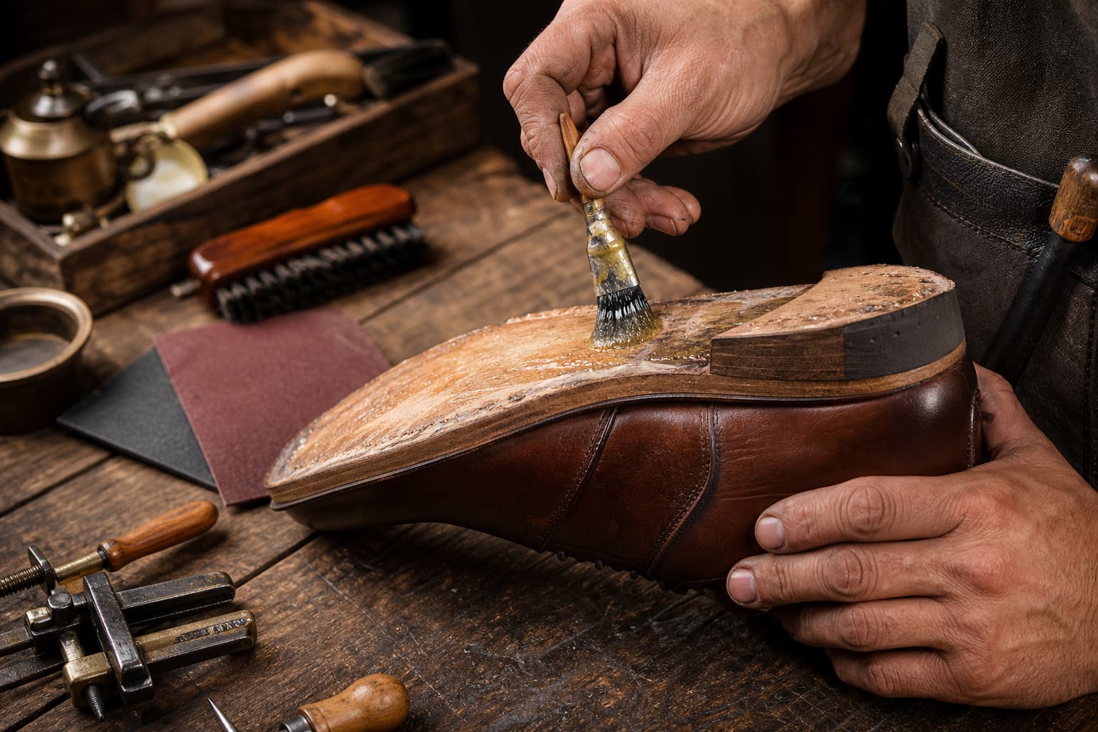 Une main applique de la colle sur la semelle d
