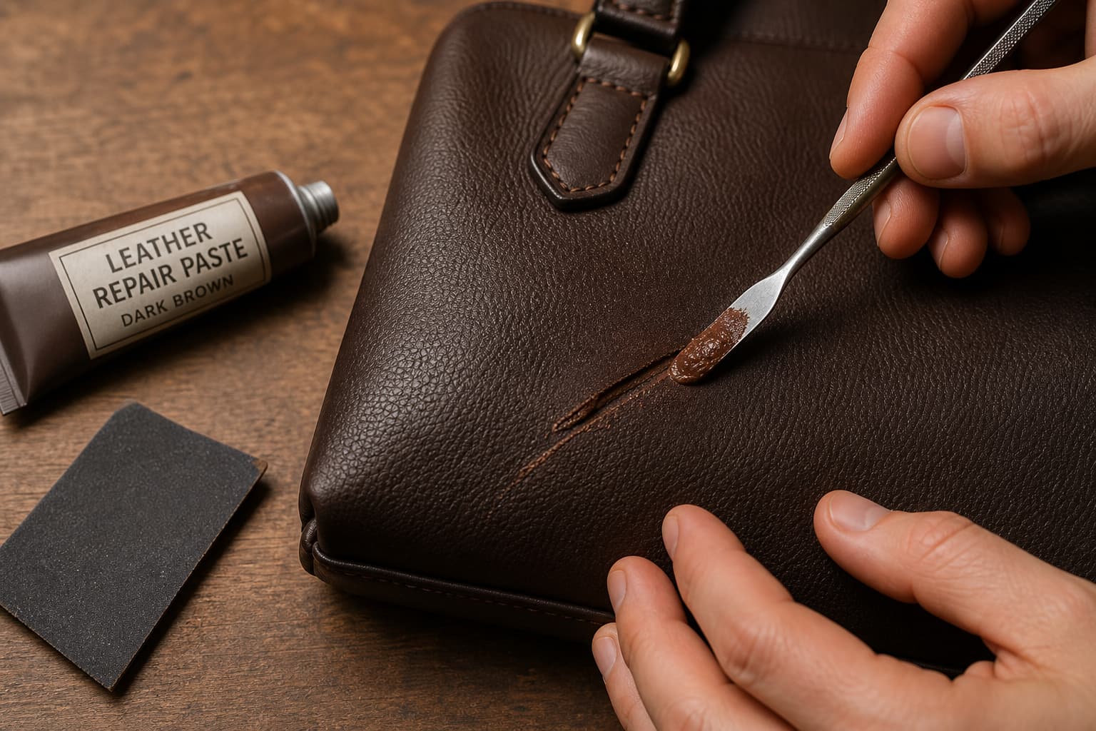 Une personne utilise une petite spatule pour appliquer du mastic à cuir dans une griffure profonde sur un sac à main en cuir marron foncé, avec un tube de pâte de réparation et du papier de verre sur la table.