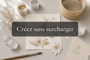 Vue de dessus d'une table de craft avec paillettes éparpillées, projet d'art en papier à motif floral, pots de paillettes écologiques, pinceau et tamis, et texte 'Créez sans surcharger'.