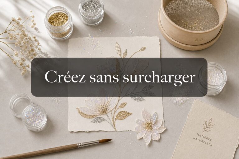 Vue de dessus d'une table de craft avec paillettes éparpillées, projet d'art en papier à motif floral, pots de paillettes écologiques, pinceau et tamis, et texte 'Créez sans surcharger'.