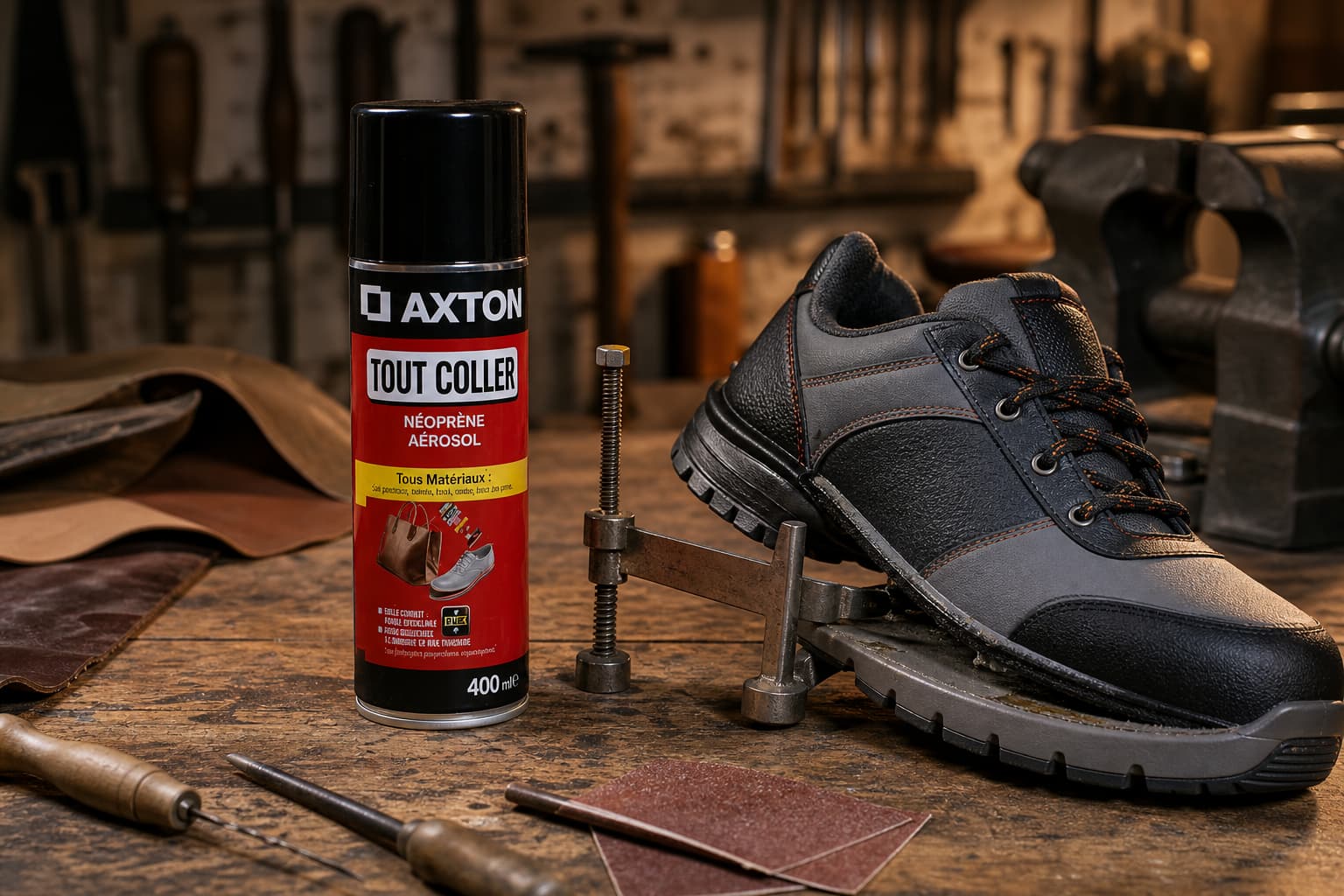 Bouteille de colle pour chaussures Axton posée sur un établi d