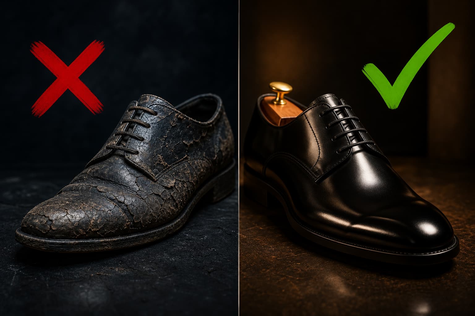 À gauche, une chaussure en cuir craquelé et terne avec une croix rouge superposée ; à droite, une chaussure en cuir lisse et brillant avec une coche verte superposée, le tout sous un éclairage latéral très contrasté.