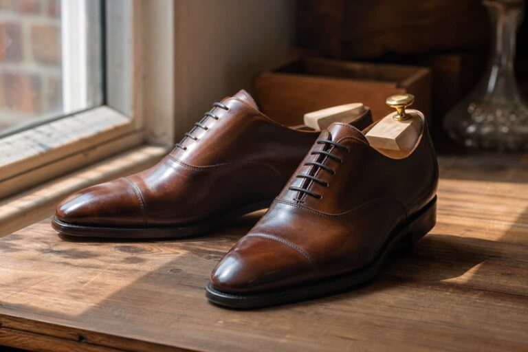 Paire de chaussures élégantes en cuir avec un embauchoir en bois inséré dans une chaussure, posées sur une surface en bois chaud sous une lumière naturelle douce.