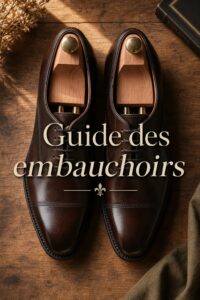 Chaussures en cuir élégantes avec embauchoirs en cèdre sur une surface en bois, vue de dessus, texte superposé indiquant 'Guide des embauchoirs'.