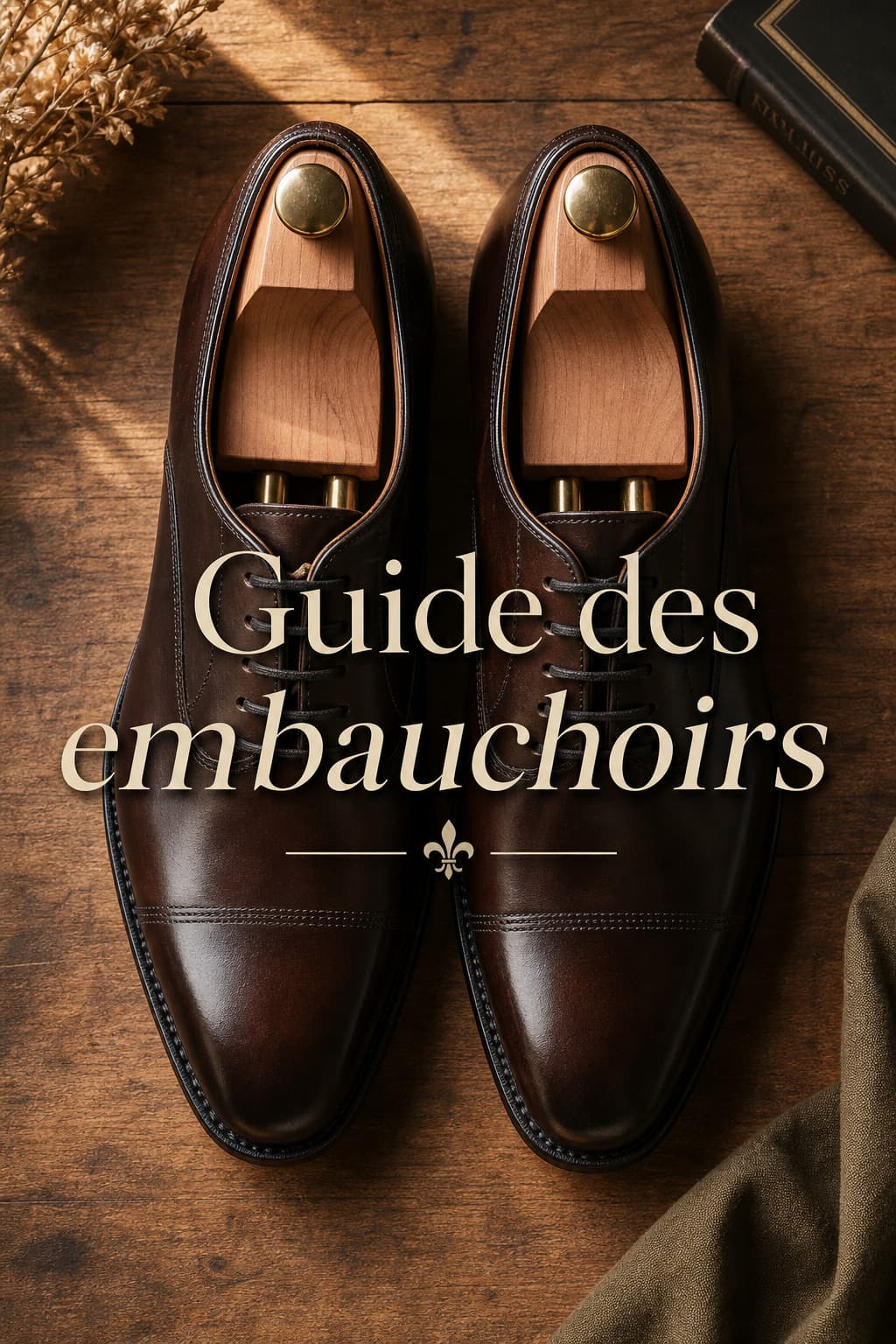 Chaussures en cuir élégantes avec embauchoirs en cèdre sur une surface en bois, vue de dessus, texte superposé indiquant