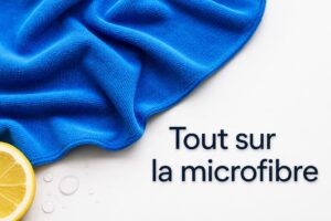 Chiffon microfibre bleu drapé sur fond blanc avec gouttelettes d'eau, tranche de citron et texte 'Tout sur la microfibre' en surimpression.