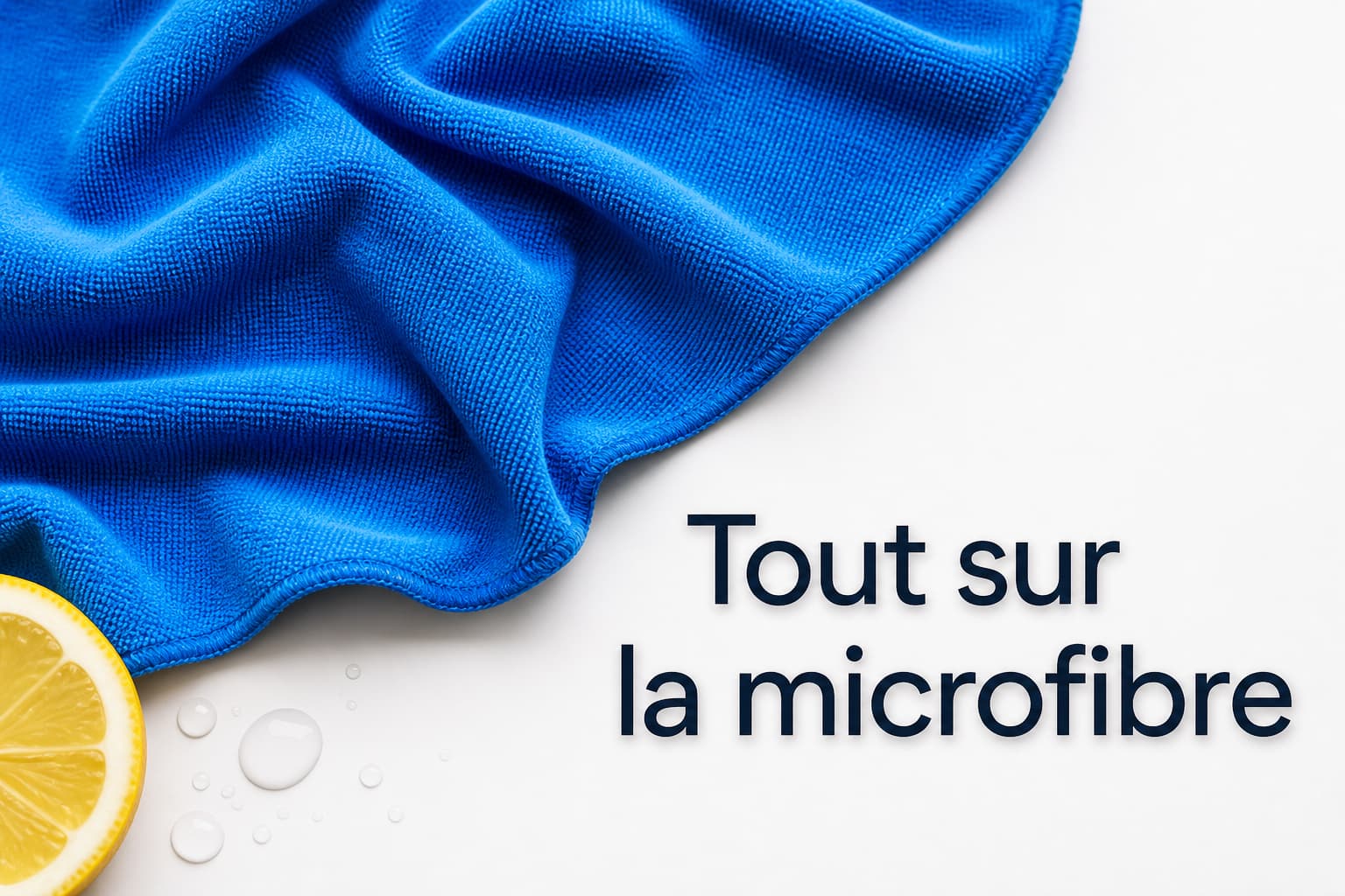 Chiffon microfibre bleu drapé sur fond blanc avec gouttelettes d