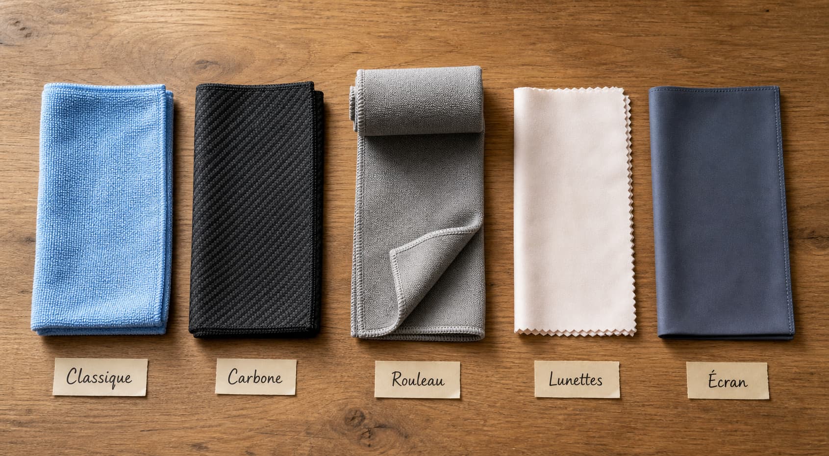Cinq chiffons microfibre différents disposés côte à côte sur une surface en bois, chacun étiqueté Classique, Carbone, Rouleau, Lunettes, Écran en écriture manuscrite, éclairage naturel doux.