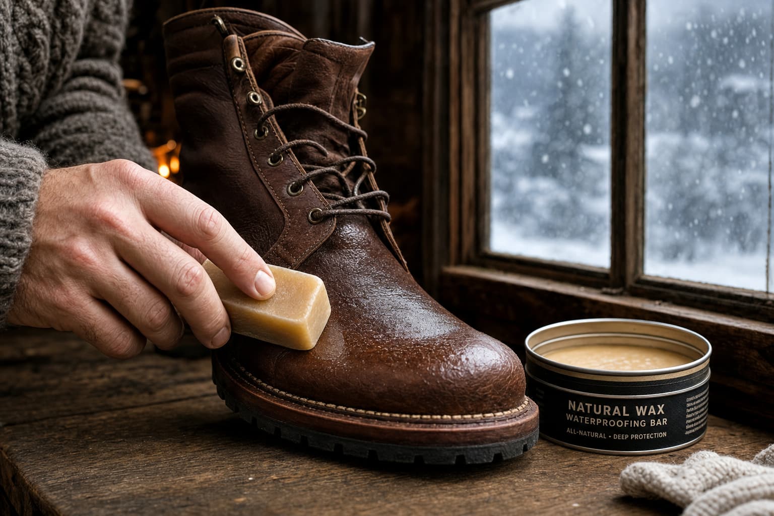 Une barre de cire imperméabilisante est frottée sur une botte en cuir marron, avec des flocons de neige visibles à travers une fenêtre.