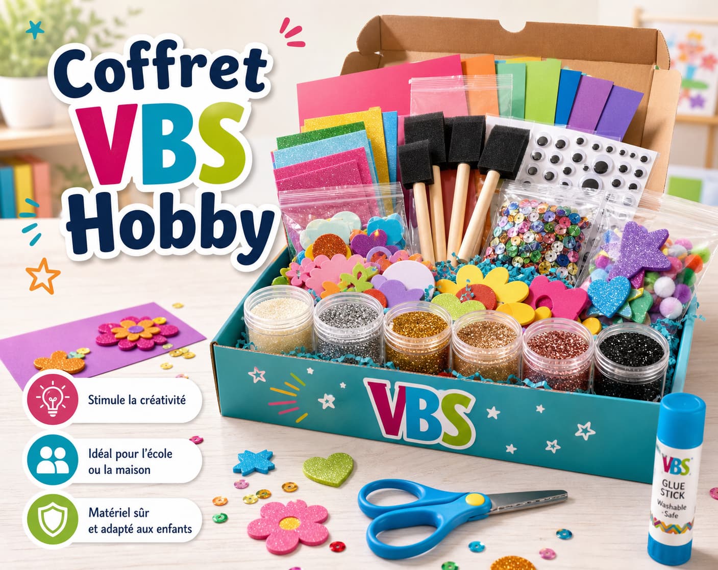 Boîte de loisirs créatifs débordante contenant pots de paillettes, pinceaux en mousse, papiers colorés, yeux mobiles, formes prédécoupées, ciseaux et bâton de colle, avec logo VBS et texte