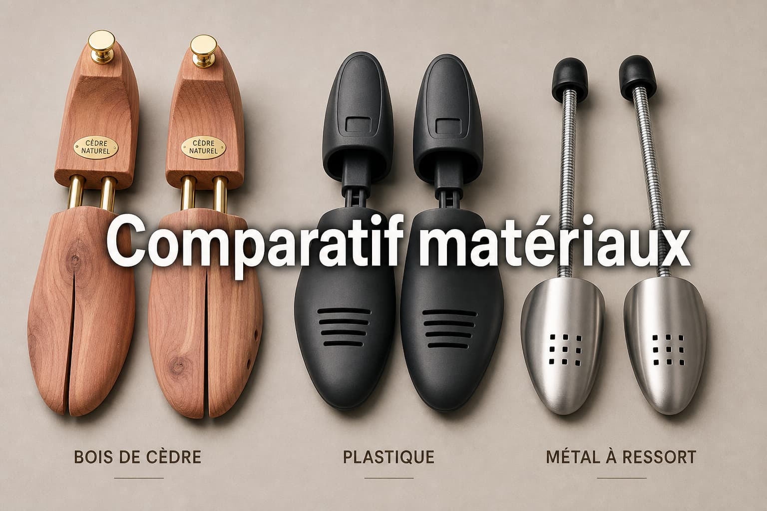 Flat lay de trois embauchoirs (bois de cèdre, plastique et métal à ressort) sur fond neutre, avec le texte superposé