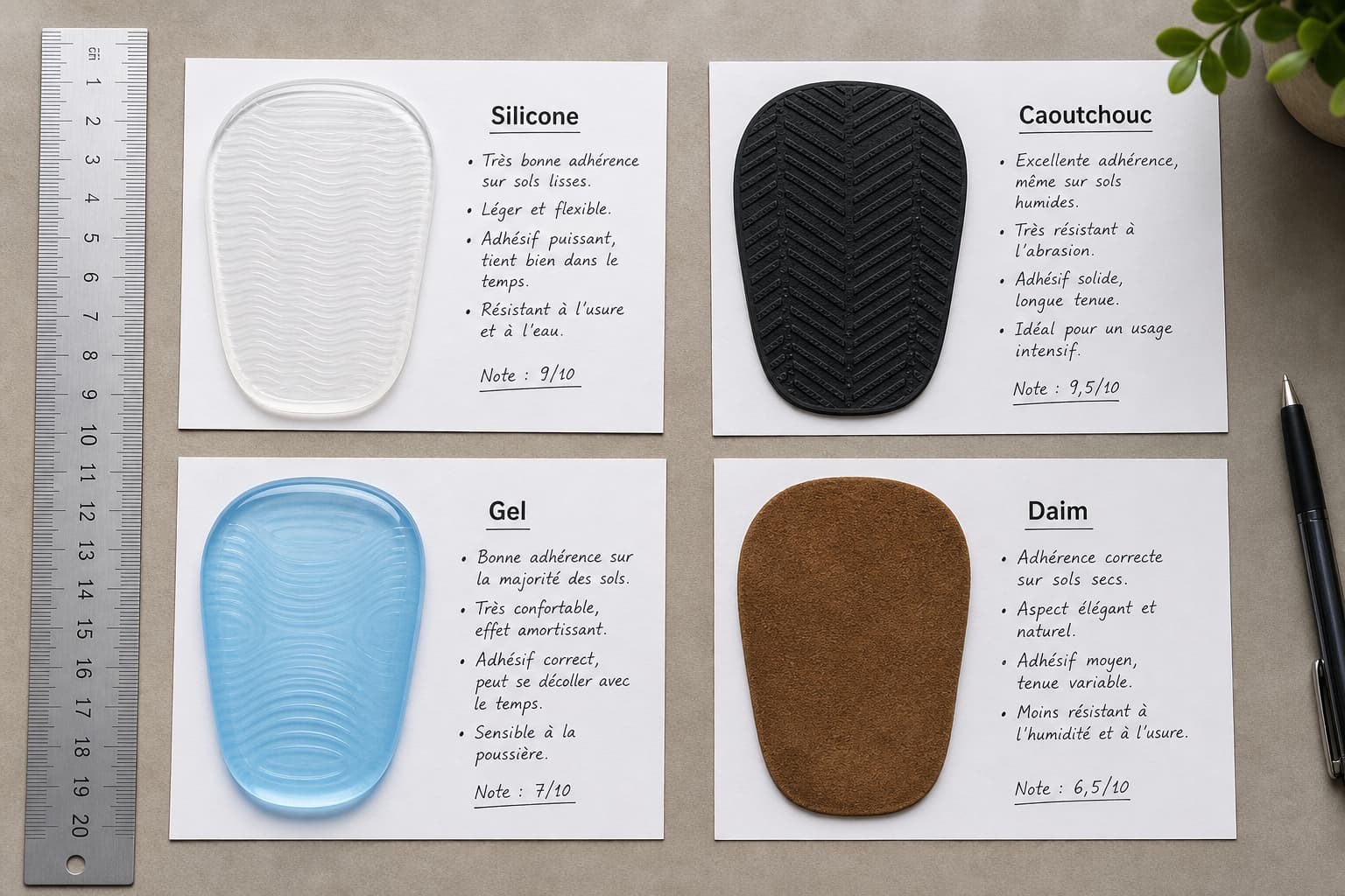 Quatre semelles antidérapantes étiquetées Silicone, Caoutchouc, Gel et Daim sont disposées à plat sur du papier avec des notes manuscrites sur l