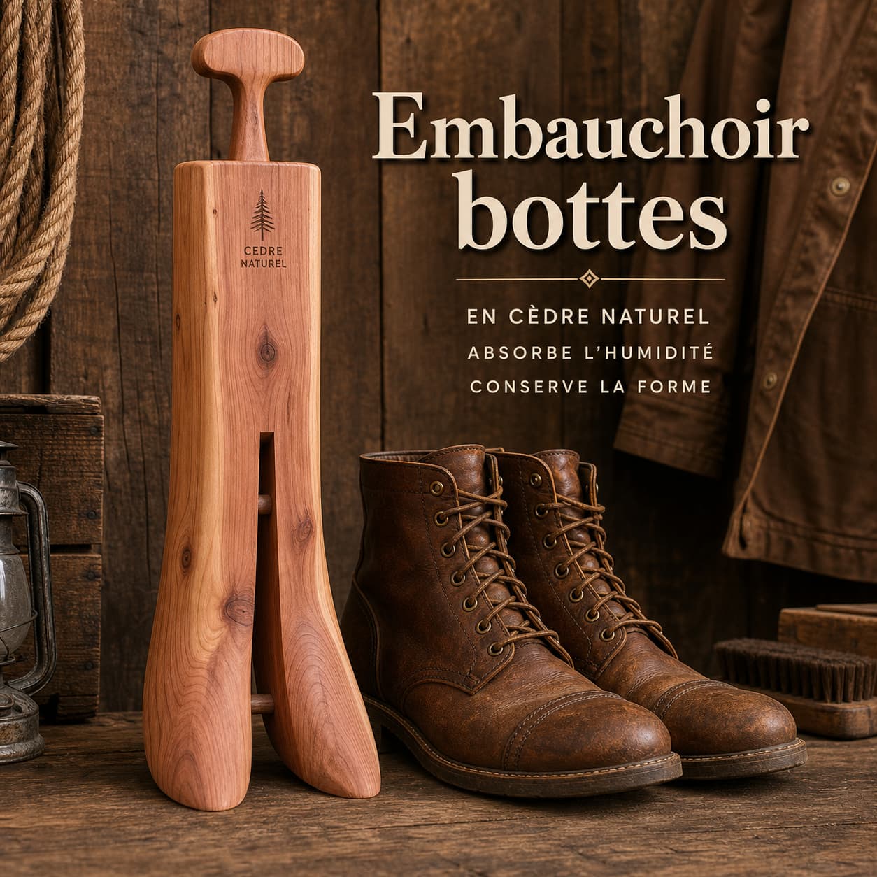 Embauchoir en cèdre debout près de bottes en cuir, fond rustique, texte superposé