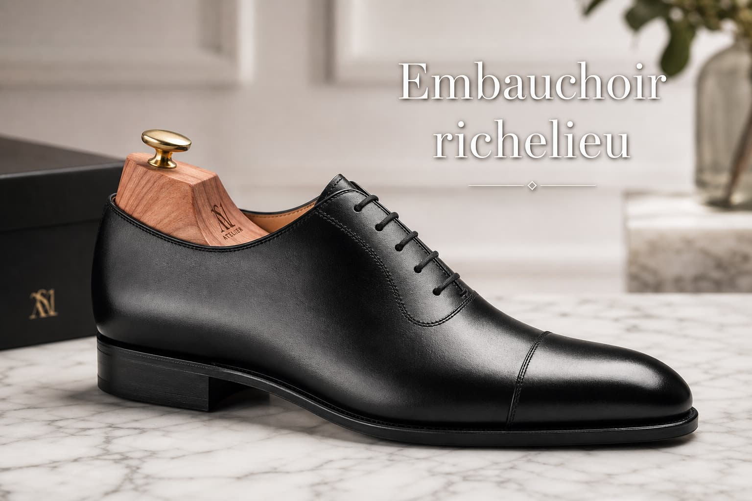 Embauchoir en cèdre mince placé dans une chaussure richelieu cirée, vue latérale sur du marbre, avec texte superposé