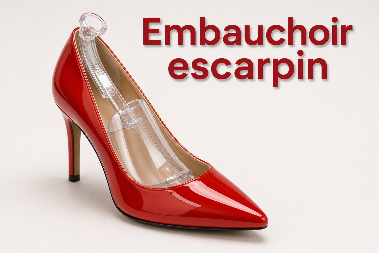 Embauchoir en plastique transparent inséré dans un escarpin rouge, avec le texte