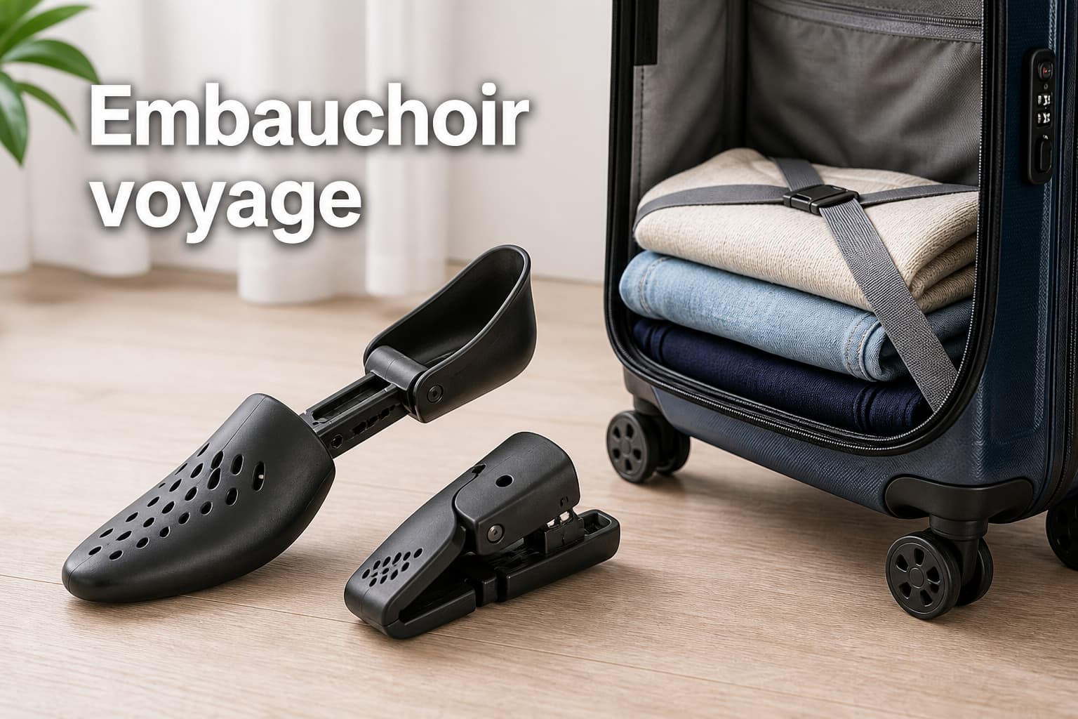 Embauchoir de voyage pliant en plastique, compact et léger, posé à côté d