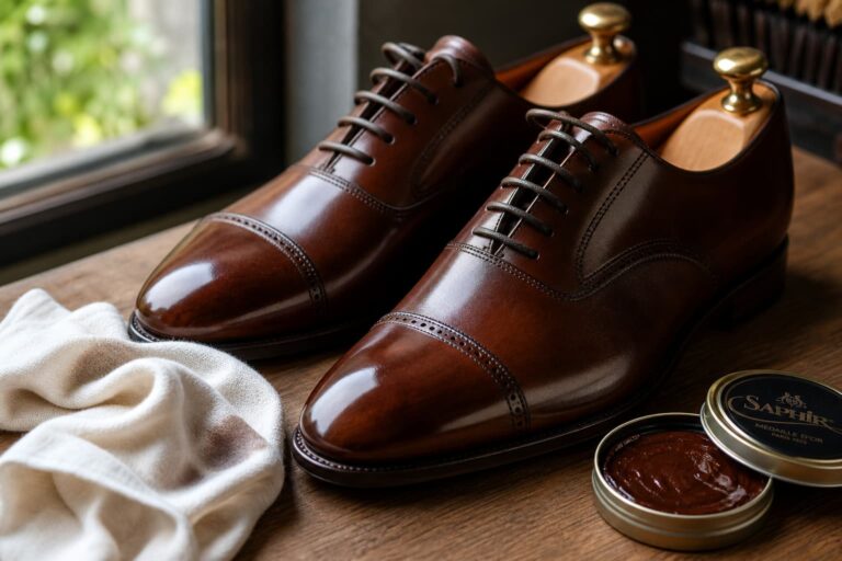 Paire de chaussures en cuir cirées à côté d'un chiffon doux et d'une boîte de cirage sur une surface en bois.