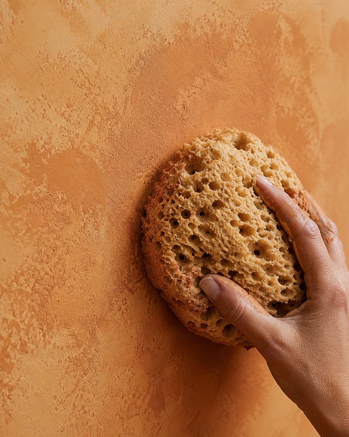 Une éponge naturelle de grande taille avec de larges pores, utilisée pour peindre un mur texturé aux tons terreux chauds, sur fond épuré.