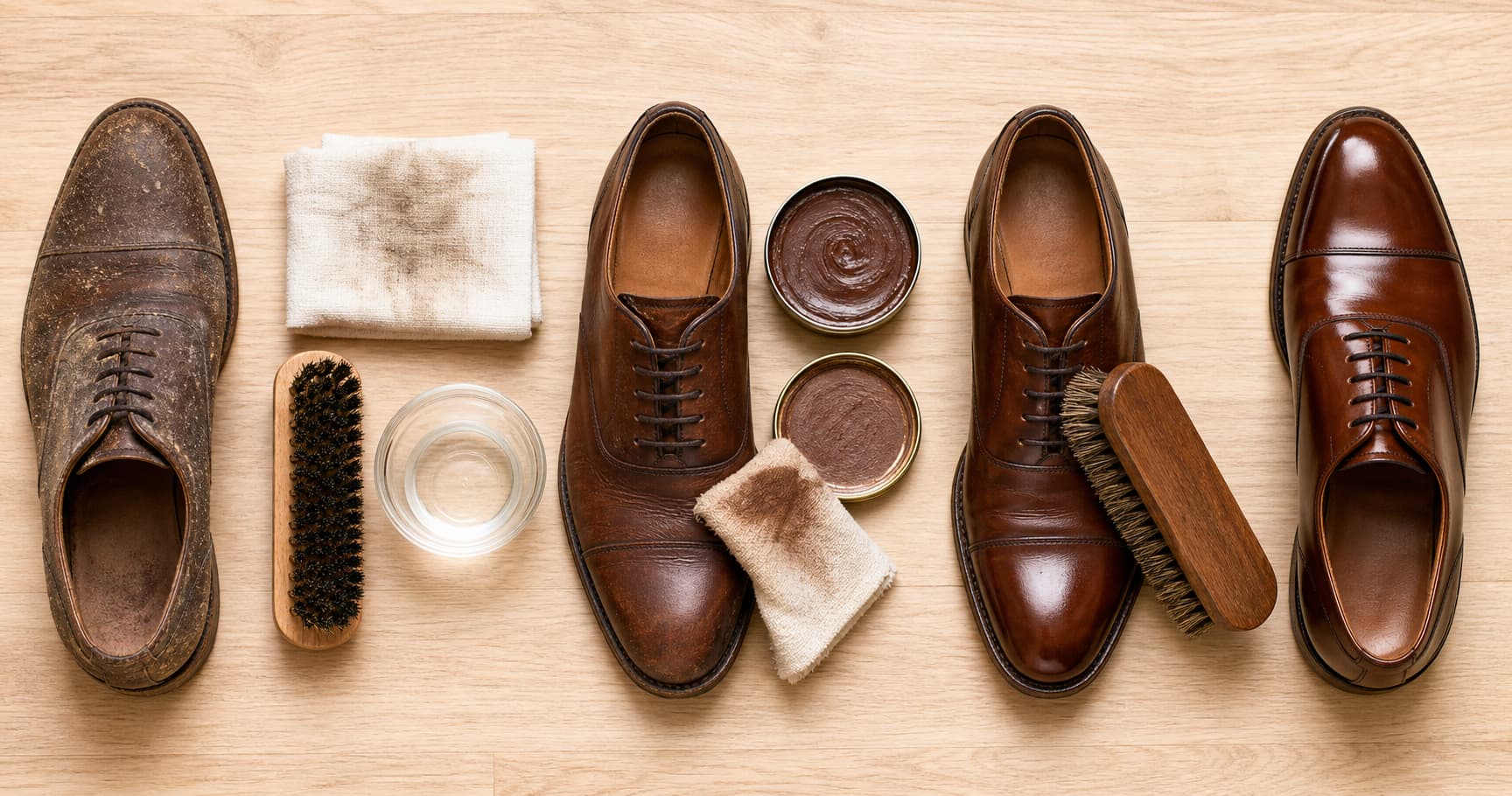 Composition à plat vue de dessus montrant les étapes de cirage de chaussures, avec une chaussure sale, des outils de nettoyage, l
