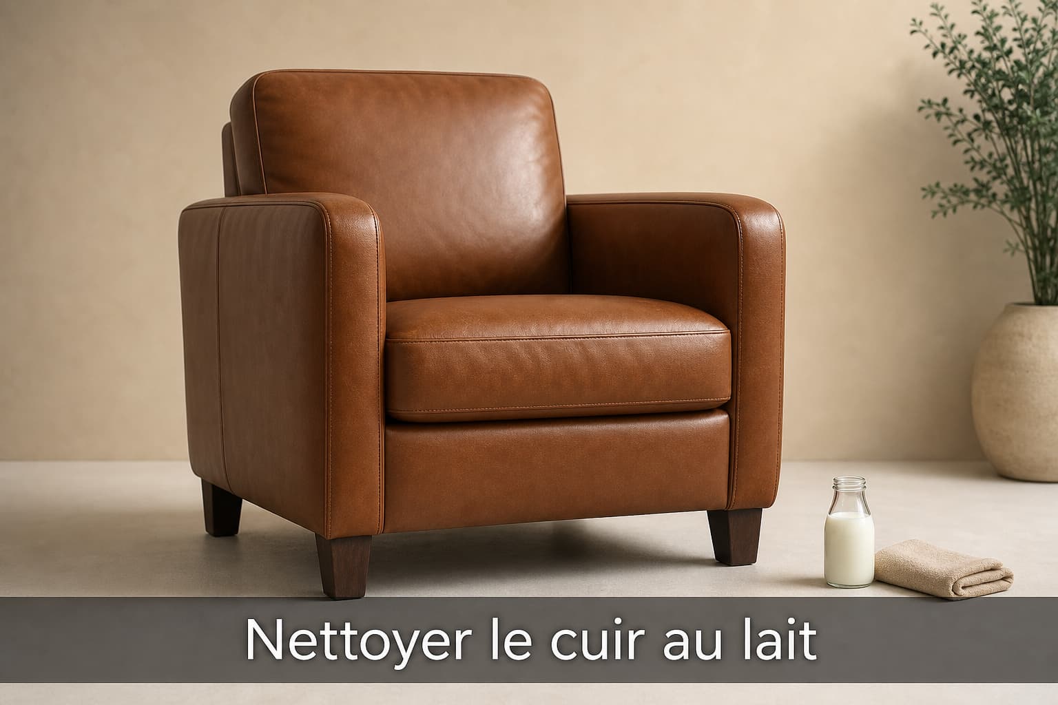 Un fauteuil en cuir propre dans un studio lumineux, à côté une petite bouteille en verre de lait et un chiffon microfibre, avec en bas un bandeau sombre semi-transparent contenant le texte
