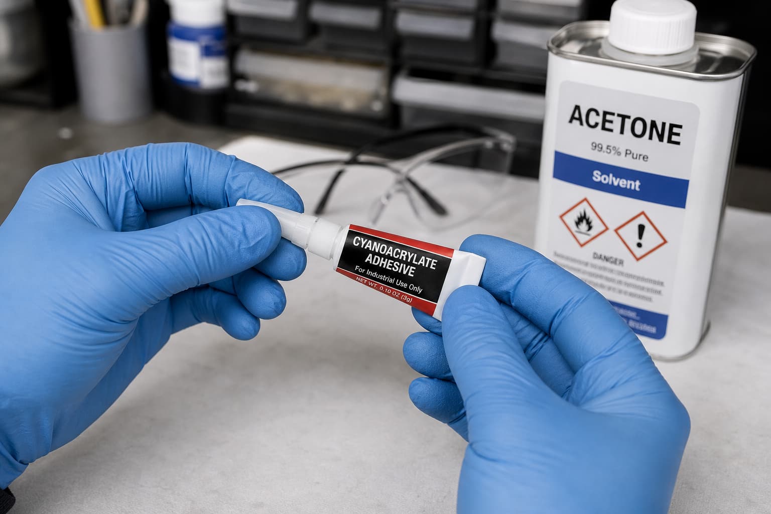 Gros plan sur des mains portant des gants nitrile bleus et tenant un tube de colle cyanoacrylate, avec des lunettes de sécurité et une bouteille d