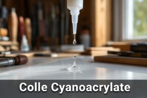 Une goutte de colle cyanoacrylate tombe d'une buse sur une surface propre, capturée au moment de l'impact, avec un fond d'atelier flou, un éclairage naturel, et le texte 'Colle Cyanoacrylate' superposé en bas.