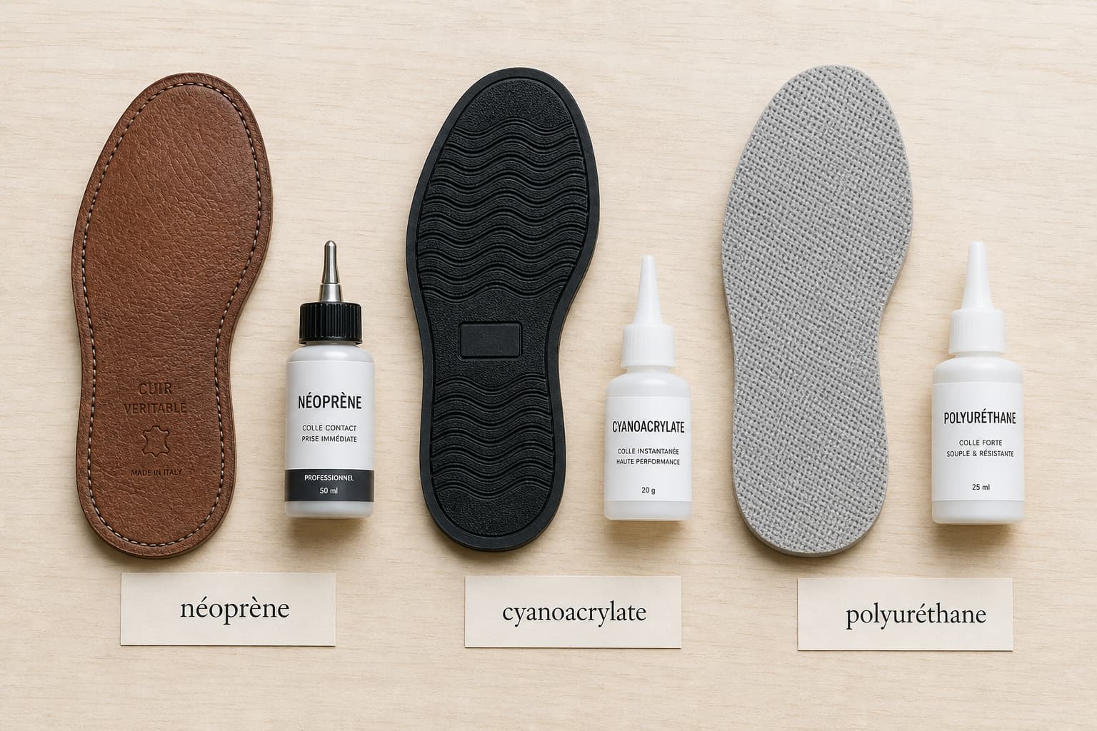 Trois échantillons de semelles de chaussure en cuir, caoutchouc et mesh synthétique disposés sur une surface en bois clair avec trois bouteilles de colle étiquetées néoprène, cyanoacrylate et polyuréthane.