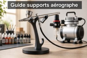 Support d'aérographe sobre sur un établi lumineux, soutenant un aérographe métallique avec un compresseur en arrière-plan flou, et un texte superposé 'Guide supports aérographe' avec ombre portée.
