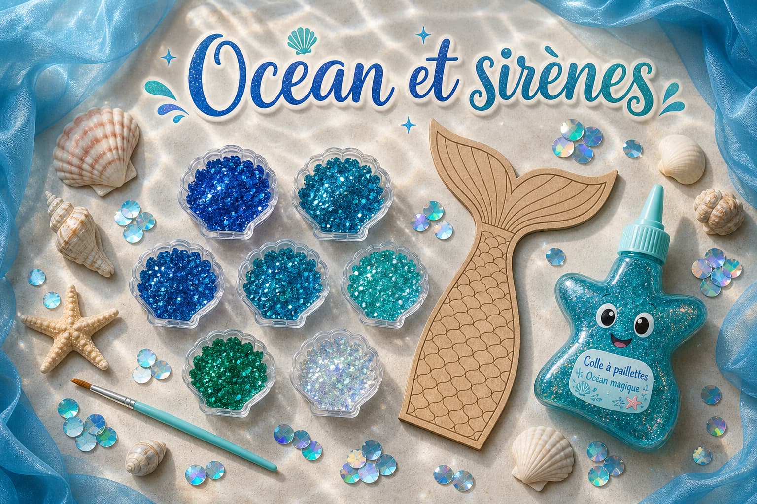 Un kit créatif plat sur le thème des sirènes avec des pots de paillettes en forme de coquillage aux couleurs océaniques, un gabarit en carton de queue de sirène, une bouteille de colle pailletée en forme d