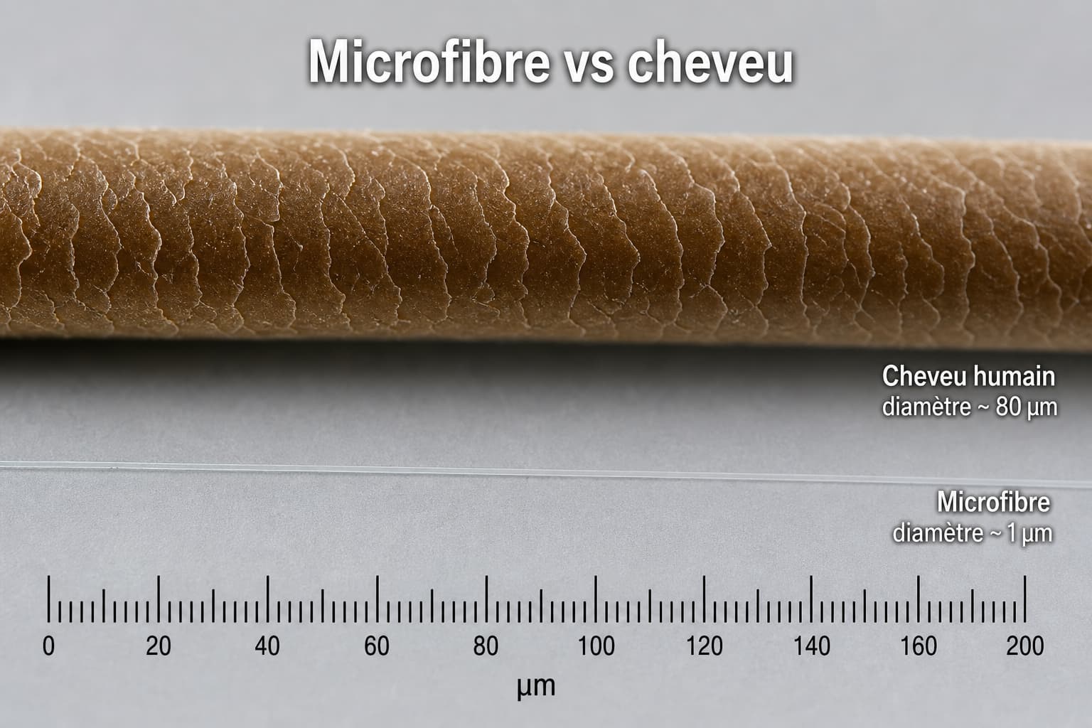 Un cheveu humain et un filament microfibre ultra-fin côte à côte, avec une règle indiquant l
