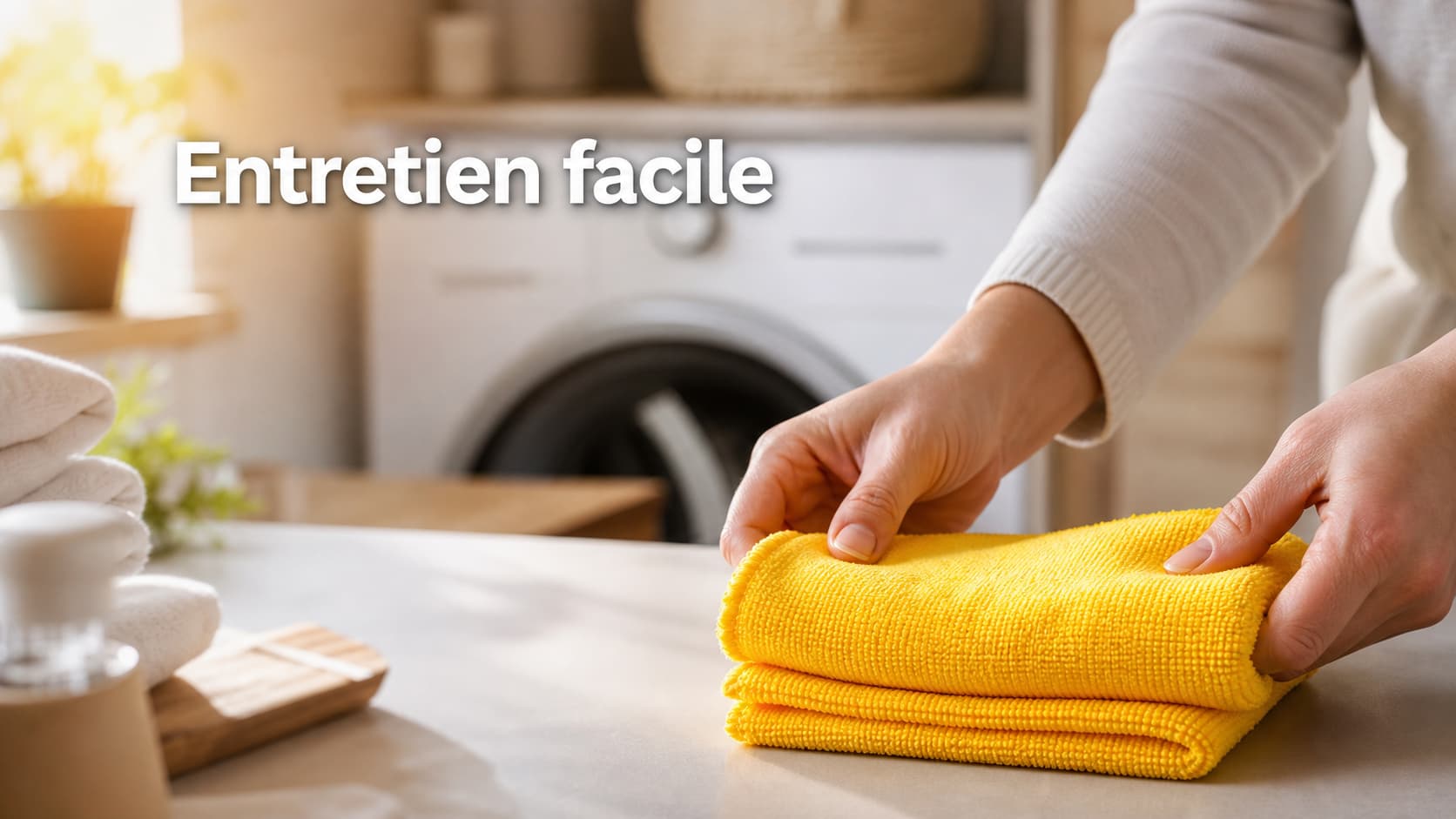 Des mains plient doucement un chiffon microfibre jaune fraîchement lavé, avec une machine à laver en arrière-plan flou, baigné de lumière naturelle et le texte