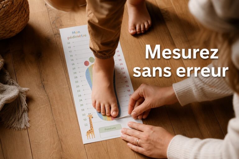 Un parent mesure le pied d’un enfant à l’aide d’un pédimètre en papier coloré posé sur un plancher en bois, vu du dessus, avec le texte « Mesurez sans erreur » superposé.