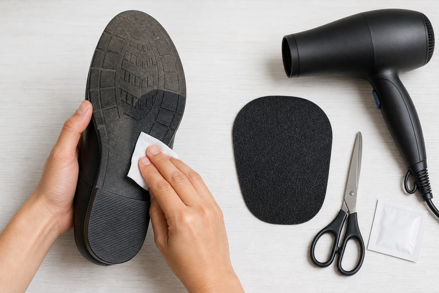 Vue de dessus : des mains frottent une semelle de chaussure avec une lingette alcoolisée, un pad antidérapant, des ciseaux et un sèche-cheveux posés à proximité.