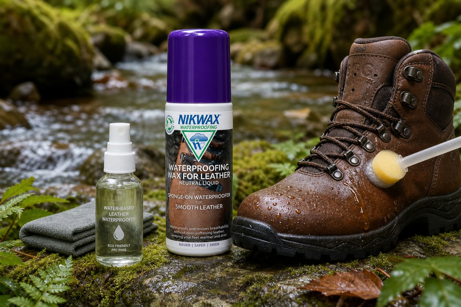 Une bouteille de traitement pour cuir Nikwax, une botte de randonnée et un vaporisateur, à l
