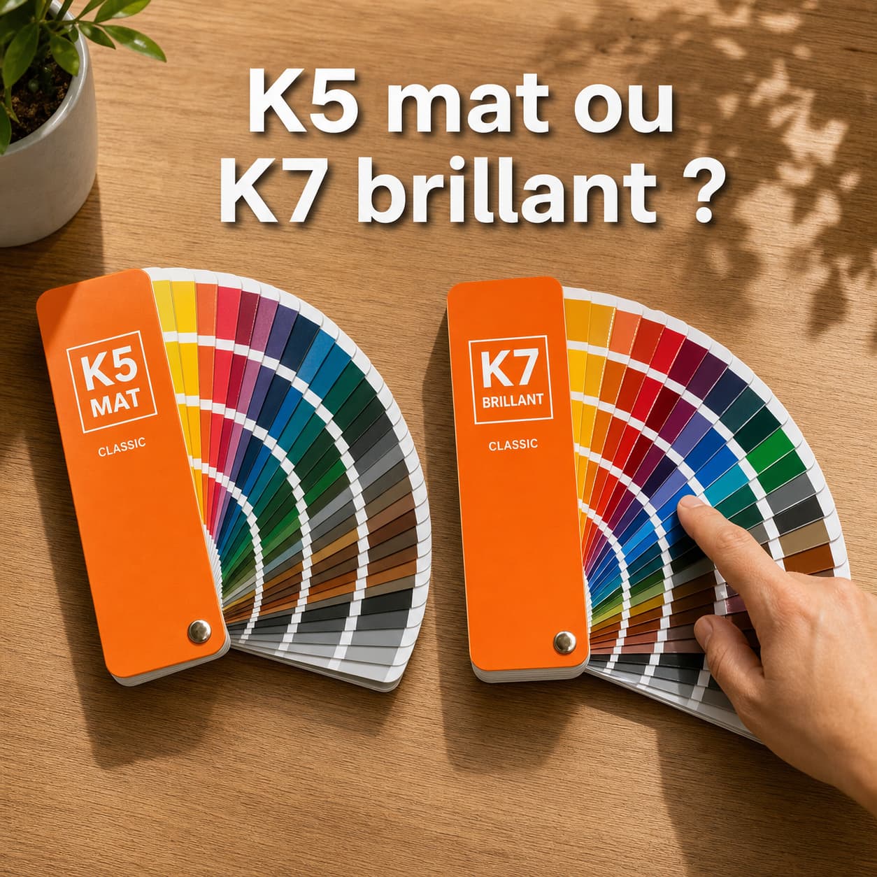 Vue de dessus de deux nuanciers RAL ouverts sur une table en bois, l