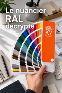 Main tenant un nuancier RAL ouvert avec échantillons de couleurs vives sur un bureau de designer, et texte superposé 'Le nuancier RAL décrypté' avec ombre portée.