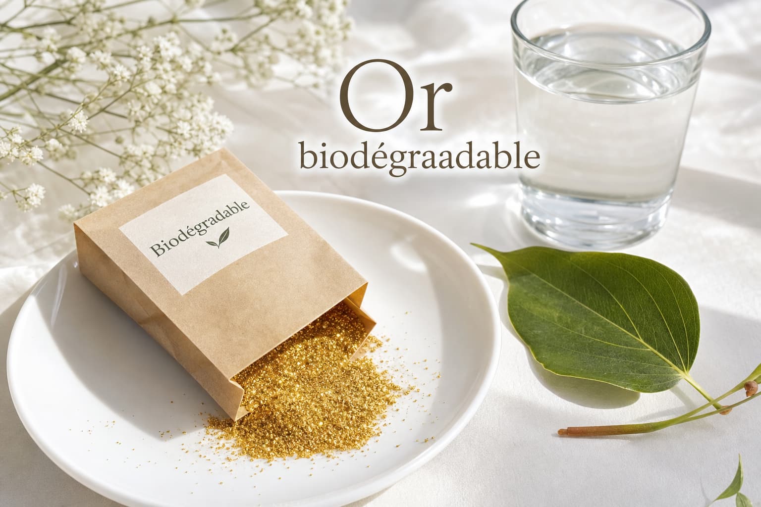 Un sachet en papier kraft étiqueté « Biodégradable » renversé déverse des paillettes dorées sur une assiette blanche, accompagné d