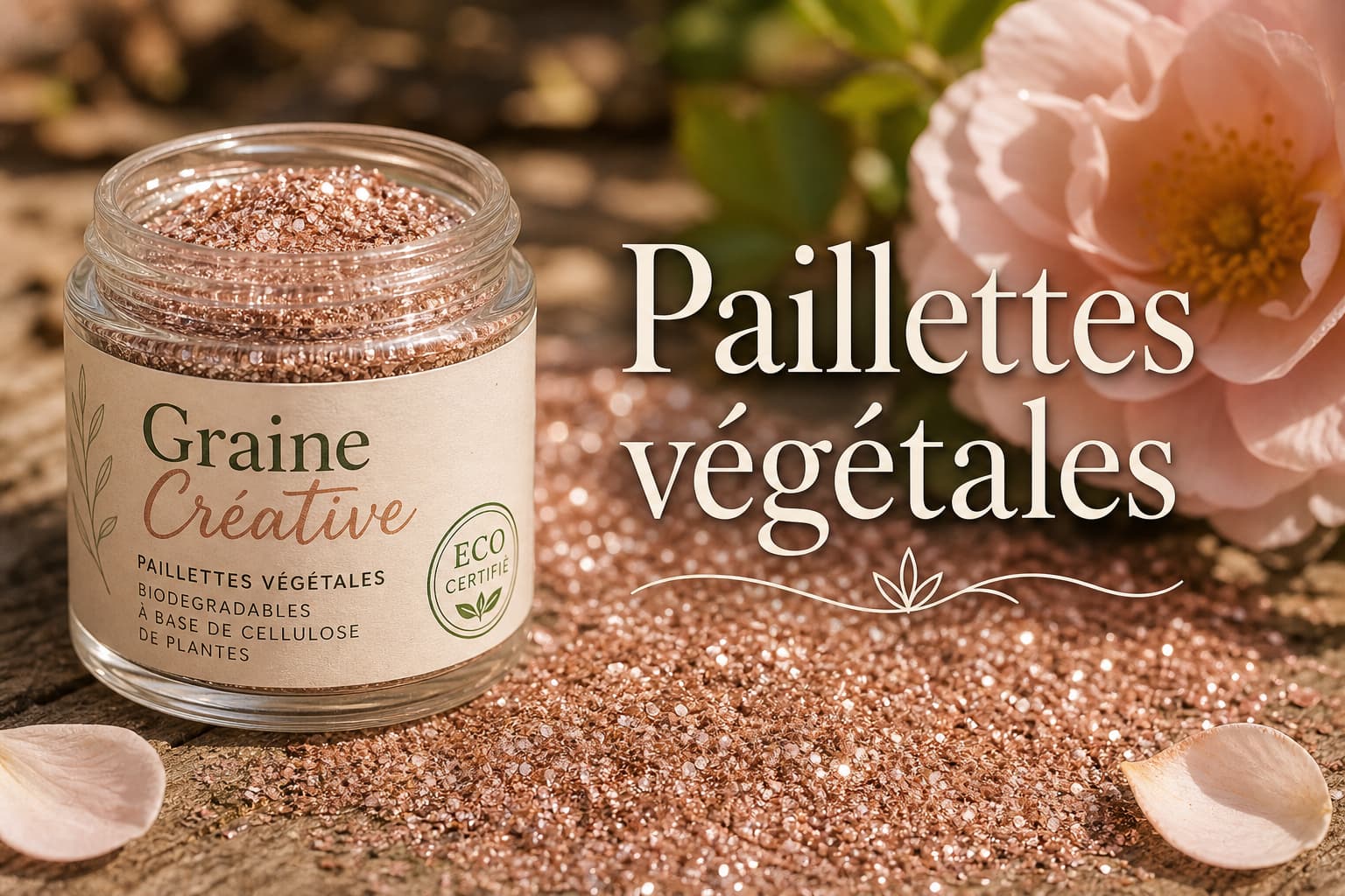 Petit pot en verre rempli de paillettes végétales rose doré, étiquette