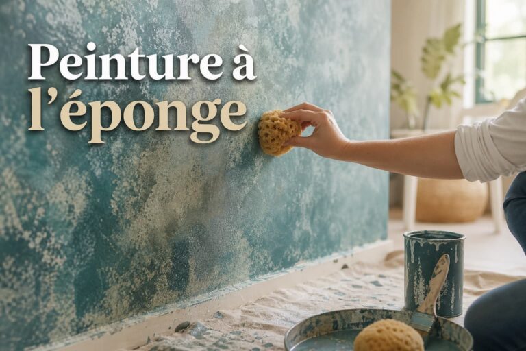 Démonstration de la technique de peinture à l'éponge sur un mur, avec éclaboussures de peinture, lumière naturelle, et texte superposé 'Peinture à l'éponge' en ombre portée.