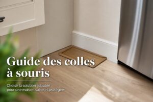 Piège à glu marron posé discrètement dans un coin de cuisine près d'une plinthe, avec un éclairage naturel doux, sans souris, et le texte 'Guide des colles à souris' superposé en ombre portée.