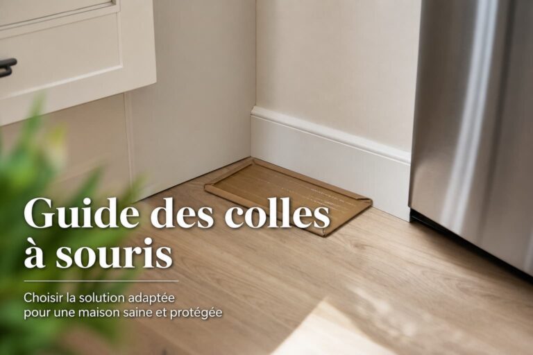 Piège à glu marron posé discrètement dans un coin de cuisine près d'une plinthe, avec un éclairage naturel doux, sans souris, et le texte 'Guide des colles à souris' superposé en ombre portée.