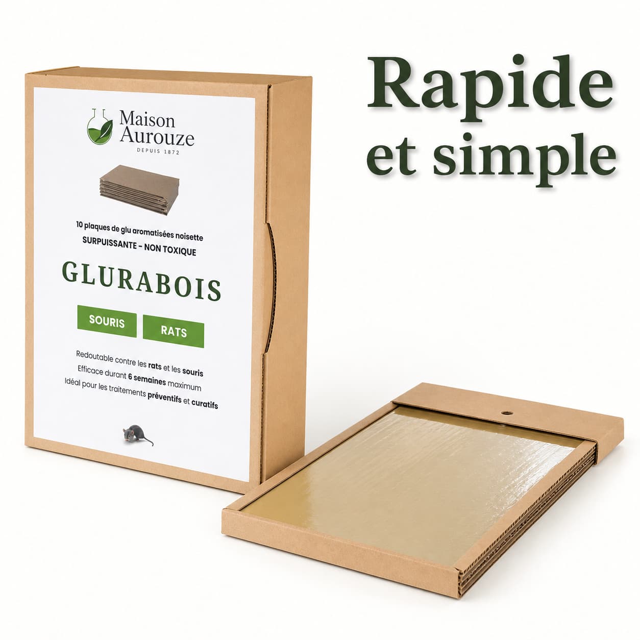 Plaque de colle partiellement extraite du paquet ouvert Maison Aurouze, surface collante visible, emballage traditionnel à côté sur fond blanc, texte