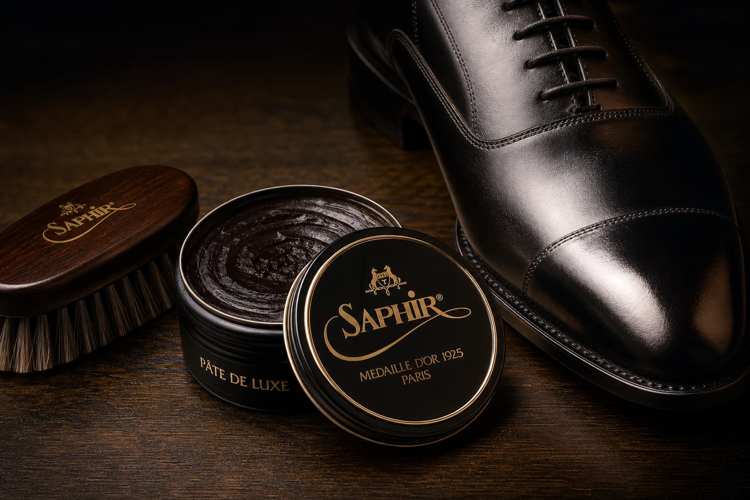 Pot de cirage Saphir Pâte de Luxe ouvert, pinceau et chaussure en cuir brillante sur une surface en bois sombre.