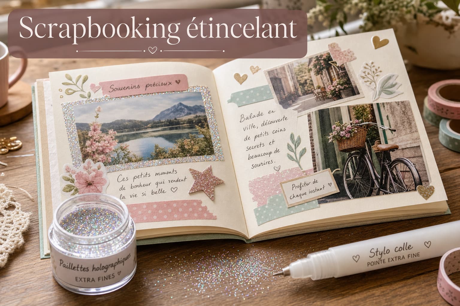 Un scrapbook créatif ouvert avec des décorations, des paillettes brillantes, un pot de paillettes holographiques et un stylo à colle, sous une lumière douce, avec le texte