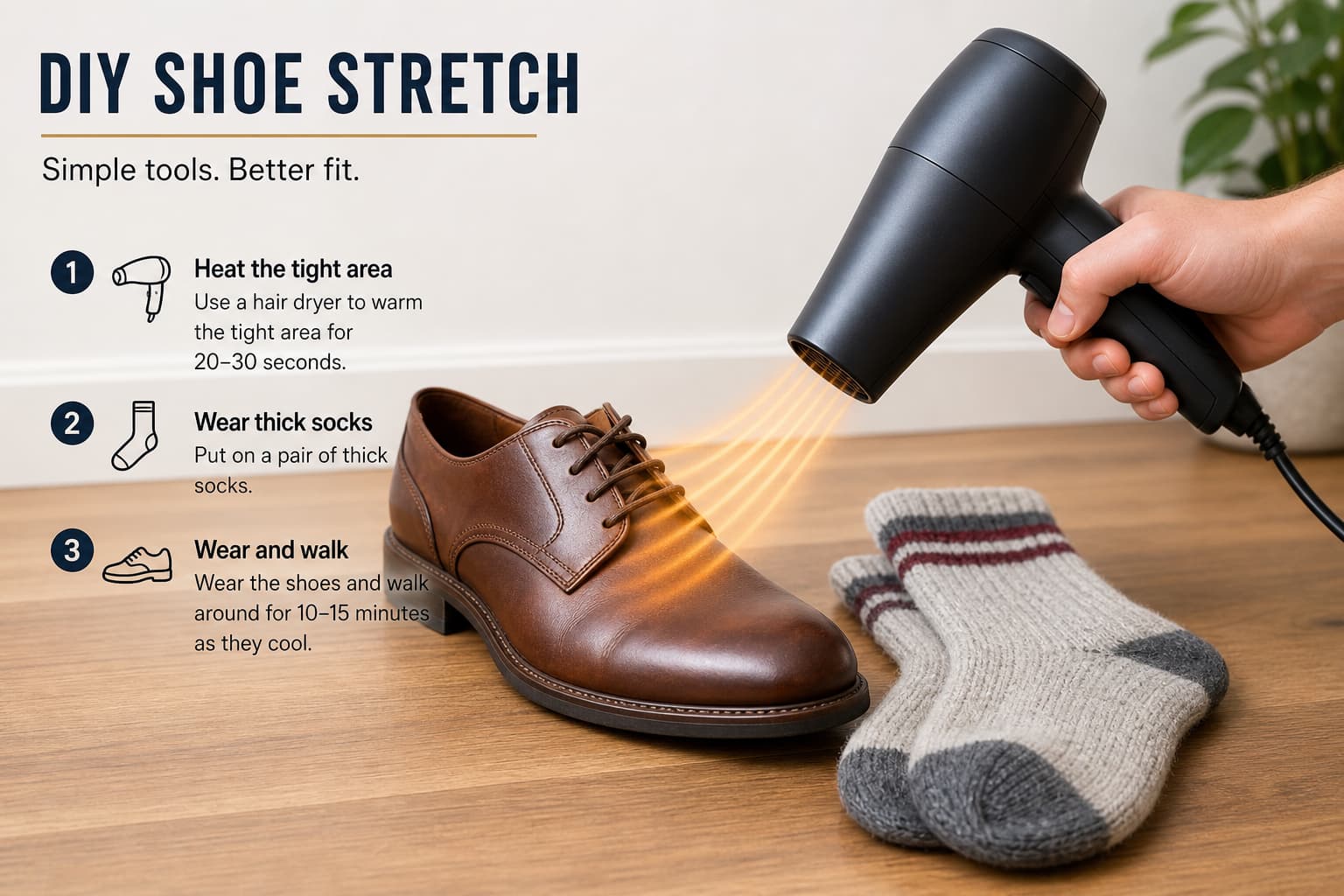 Sèche-cheveux dirigeant de l'air chaud vers l'avant d'une chaussure en cuir, avec une paire de chaussettes en laine épaisse posées sur un plancher en bois, dans un cadre propre et moderne.