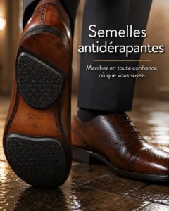 Gros plan d'une chaussure en cuir élégante sur un sol carrelé mouillé et glissant, avec une semelle antidérapante en caoutchouc collée sous la semelle, le texte 'Semelles antidérapantes' superposé en français avec une ombre portée, éclairage chaleureux et reflets sur le sol.