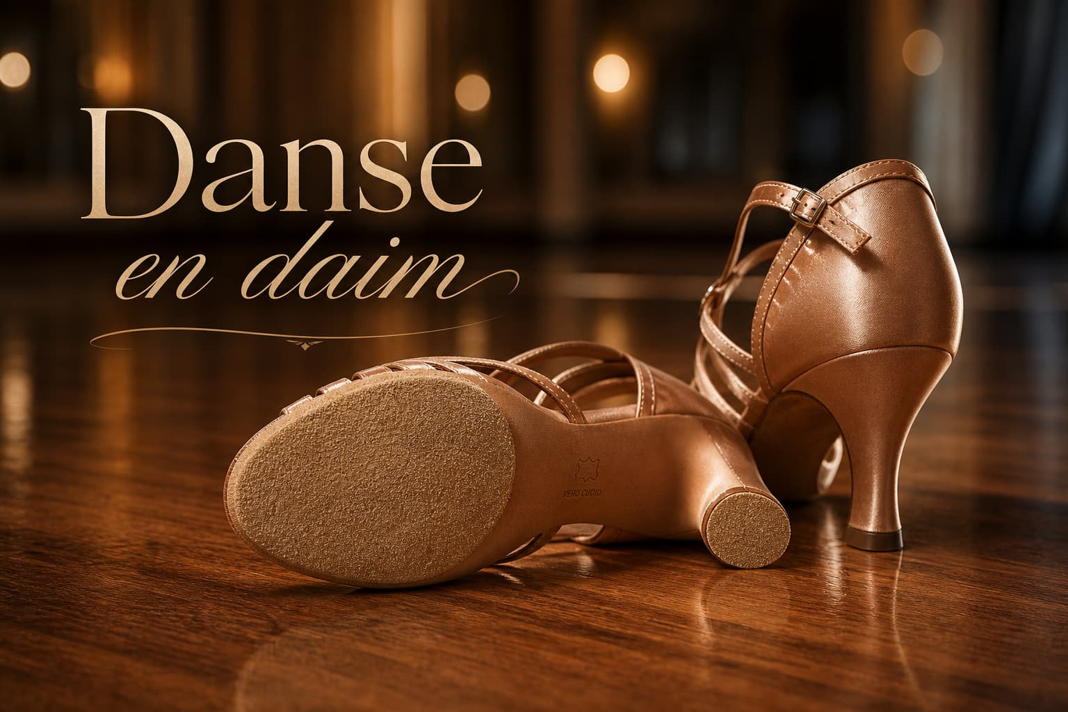 Une paire de chaussures de danse élégantes avec des semelles en daim antidérapantes, posées sur un plancher de danse en bois poli, avec le texte