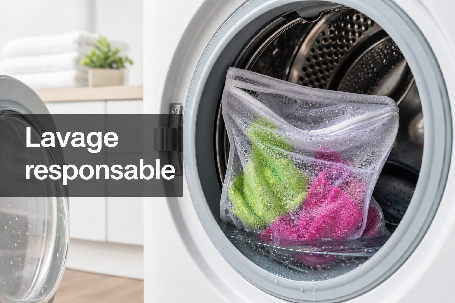 Gros plan sur un tambour de lave-linge ouvert rempli d